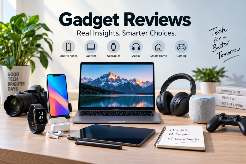 : Gadget reviews featuring smartphones, laptops, smartwatches, headphones, smart home devices, gaming gear, and other tech gadget