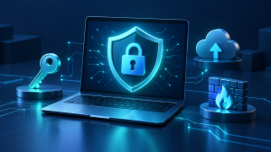 Laptop displaying a shield and padlock, surrounded by key, cloud backup, and firewall symbols.